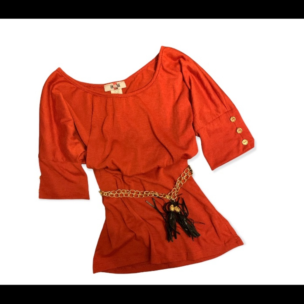 Rusty Brown Blouse with gold metal belt, black tassel 3 buttons on sleeves SizeM